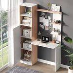 Work Table/Desk with Storage, Lower Cabinet & Open Shelf, White/Slatted Wood