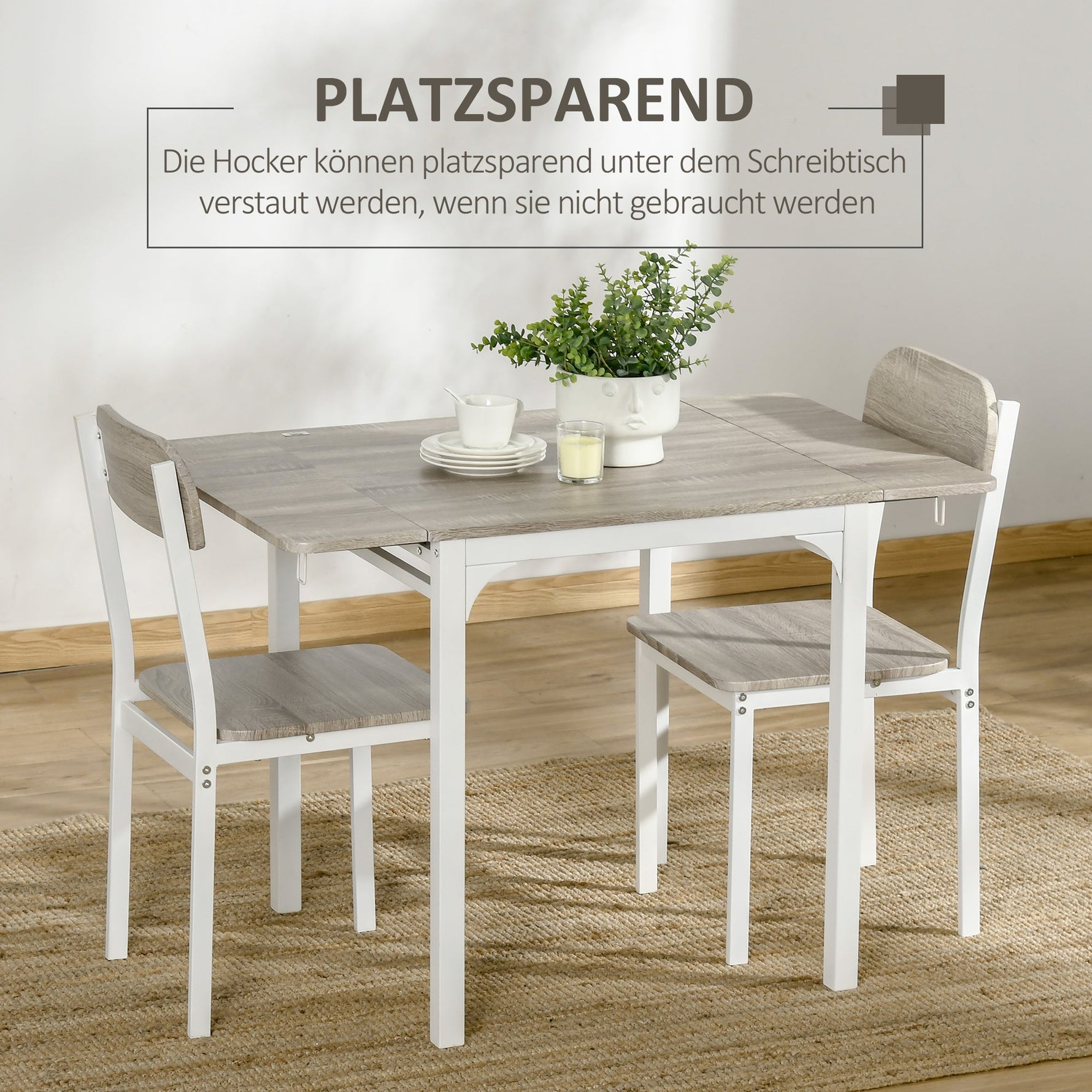 Dining Set, 3-Piece with Folding Table & 2 Chairs, Steel MDF, Natural White