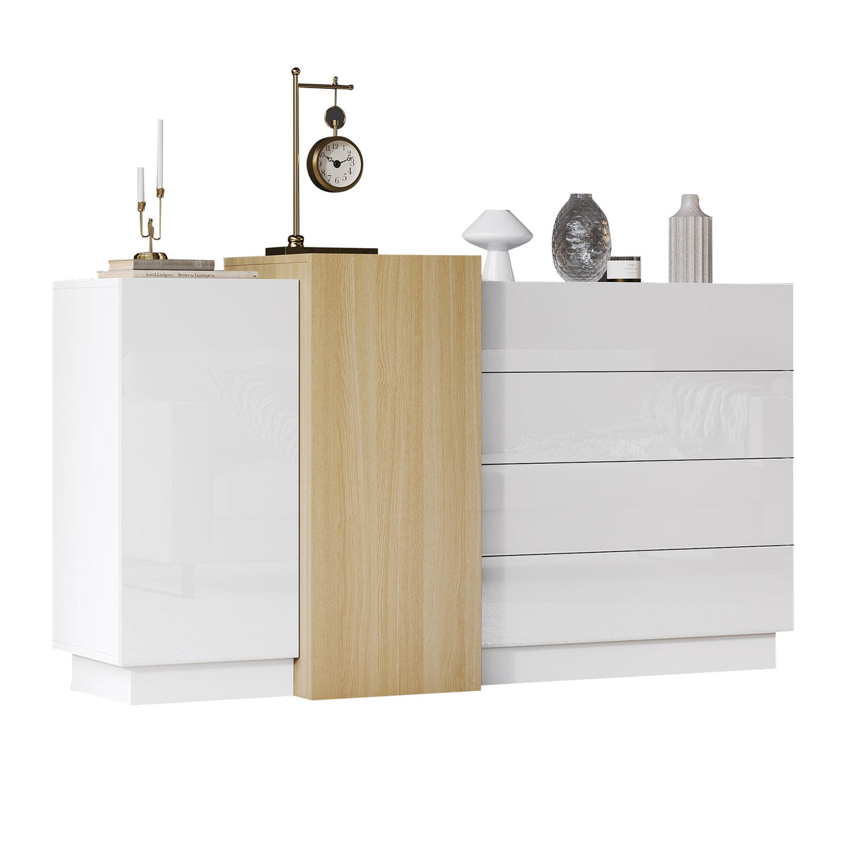 Sideboard Storage Cabinet, High-Gloss Modern Wood-Colored White