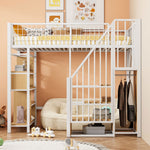 Multifunctional Loft Bed 90x200cm Storage Shelves Stairs, Metal White