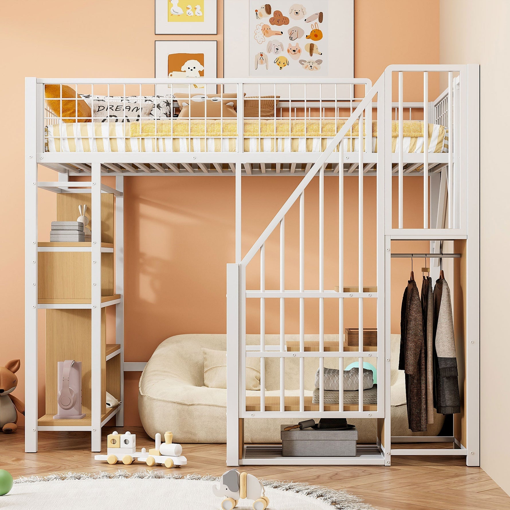 Multifunctional Loft Bed 90x200cm Storage Shelves Stairs, Metal White