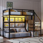 Metal Loft Bed 90x200 LED Lights Storage Stairs Wardrobe, Black