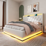 Upholstered Bed, 360-Surround LED, Hydraulic Storage, USB Type-C, White PU
