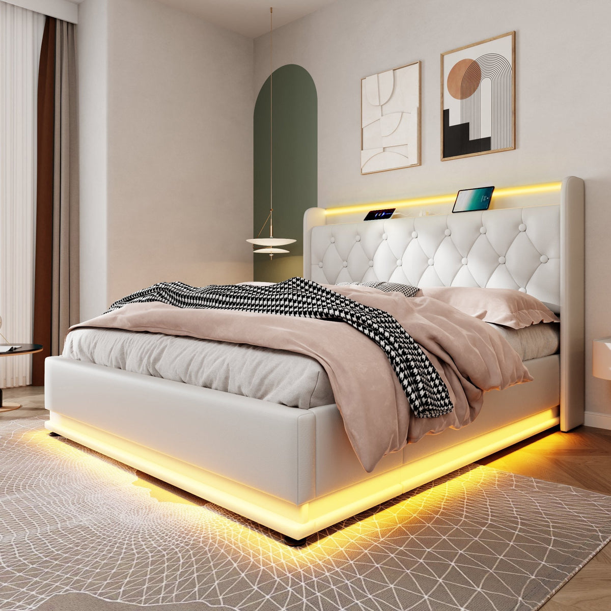 Upholstered Bed, 360-Surround LED, Hydraulic Storage, USB Type-C, White PU