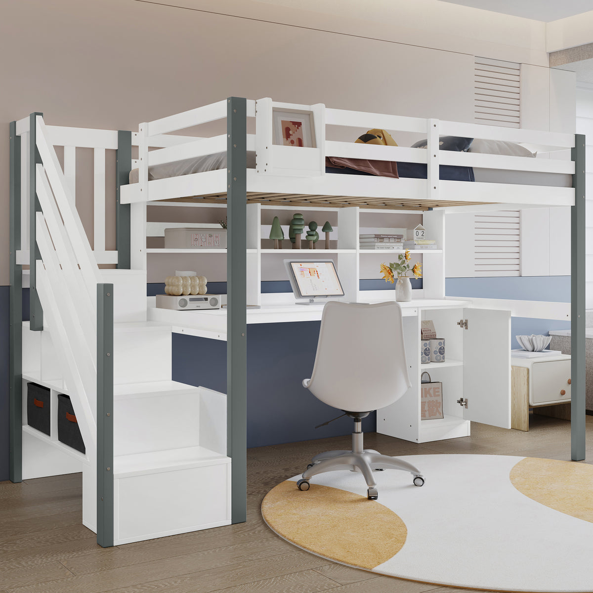 Mid-Height Bed 90x200cm with Desk, Storage & Ladder, White & Grey