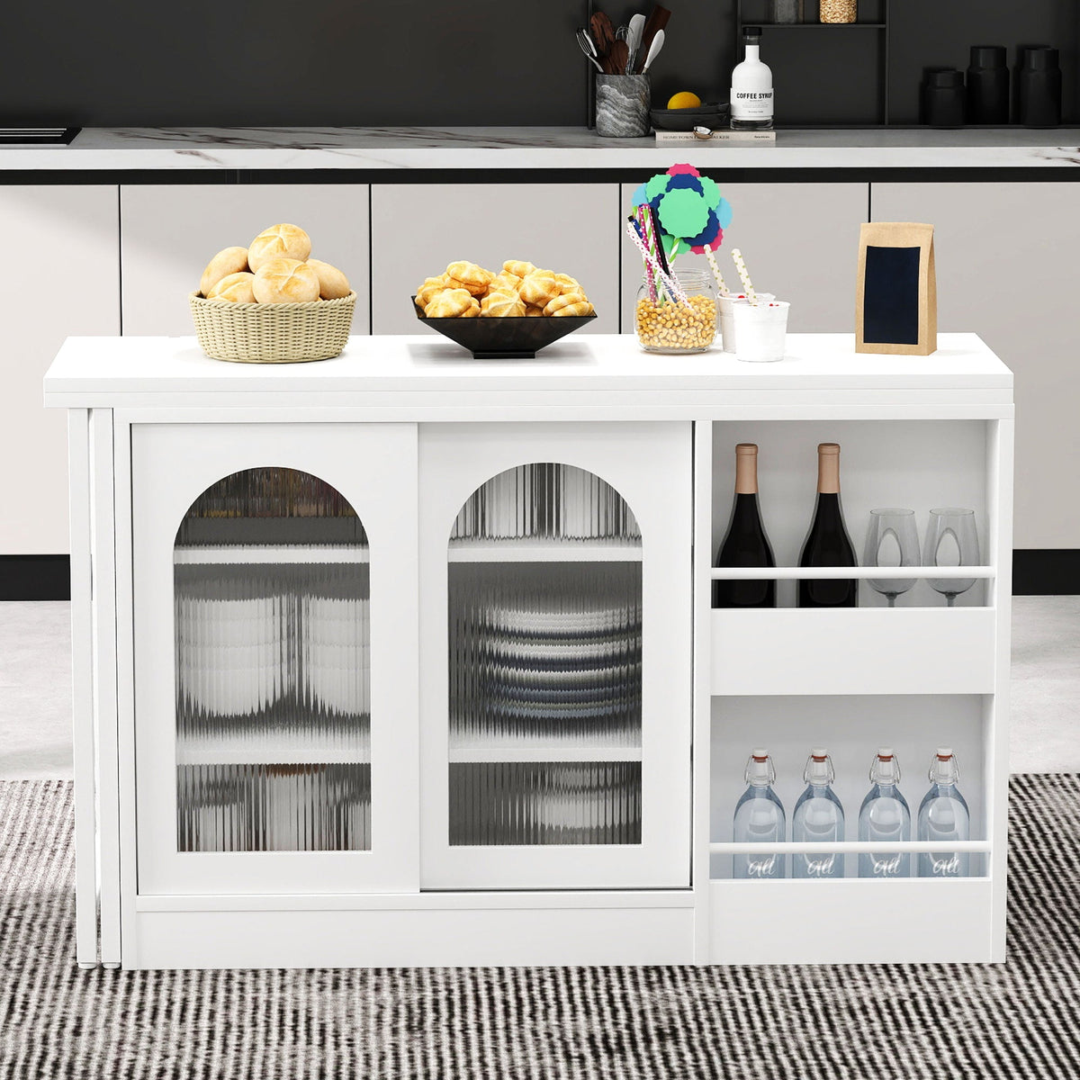 Bar Table, Extendable 360° Rotating with Storage & Glass Door, White
