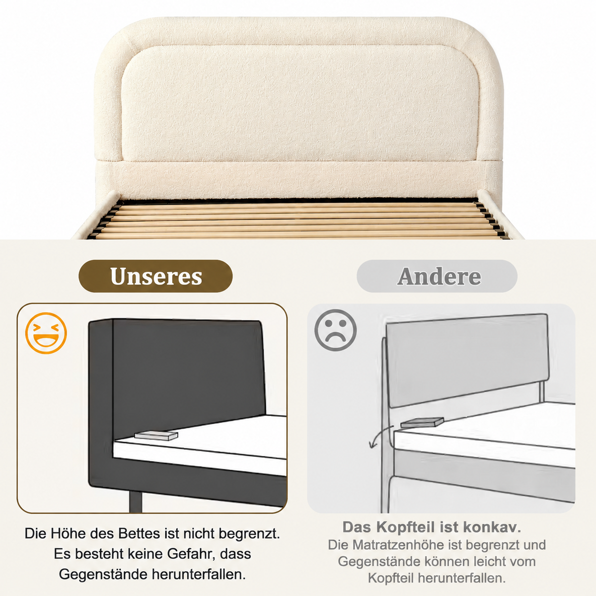 Upholstered Double Bed 140x200 cm with Storage, Beige Bouclé