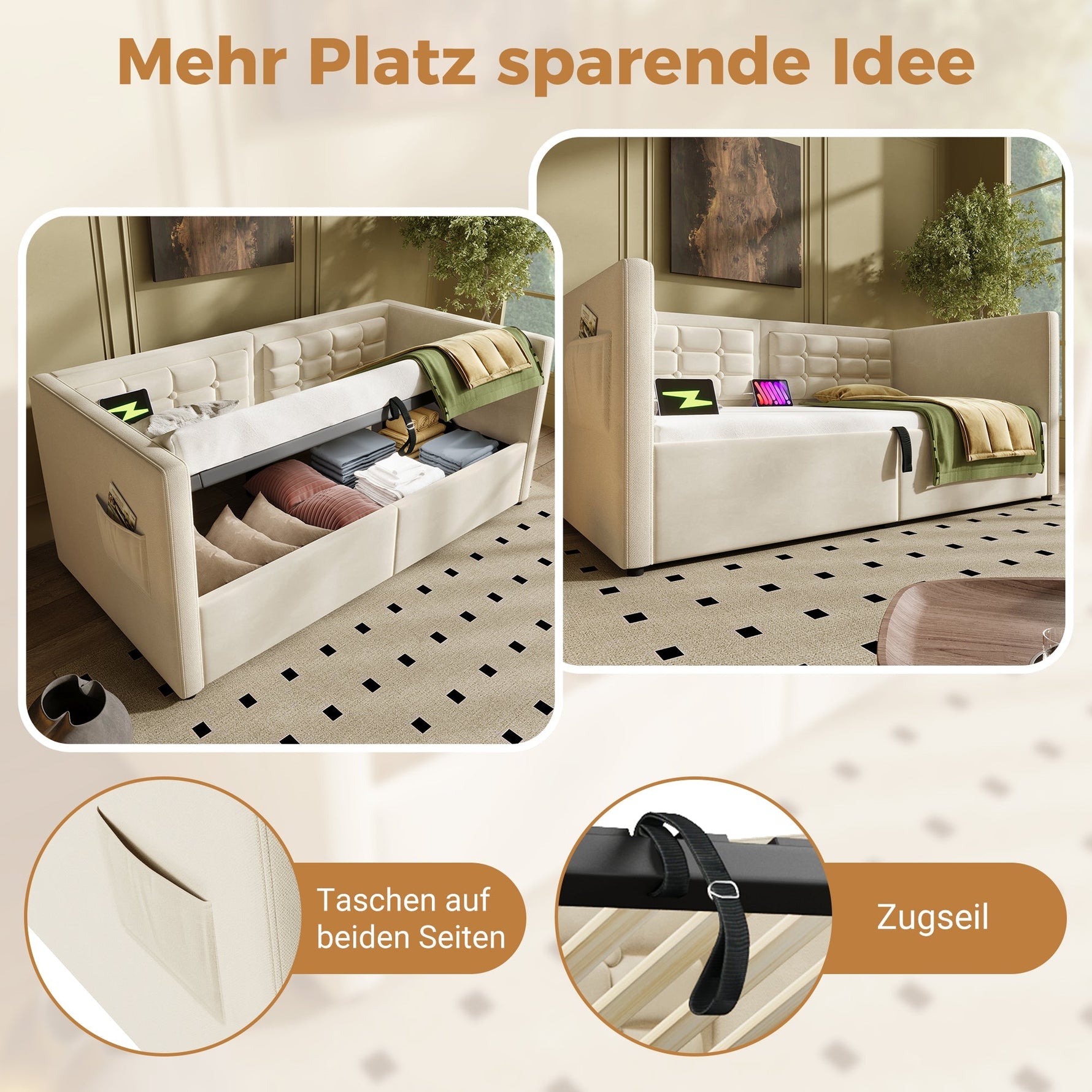 Sofa Bed 90x200cm, Single with Hydraulic Storage & USB/Type-C Charging, Beige Velvet