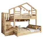 Children's Bunk House Bed 90x200/140x200 with Storage, Natural Wood