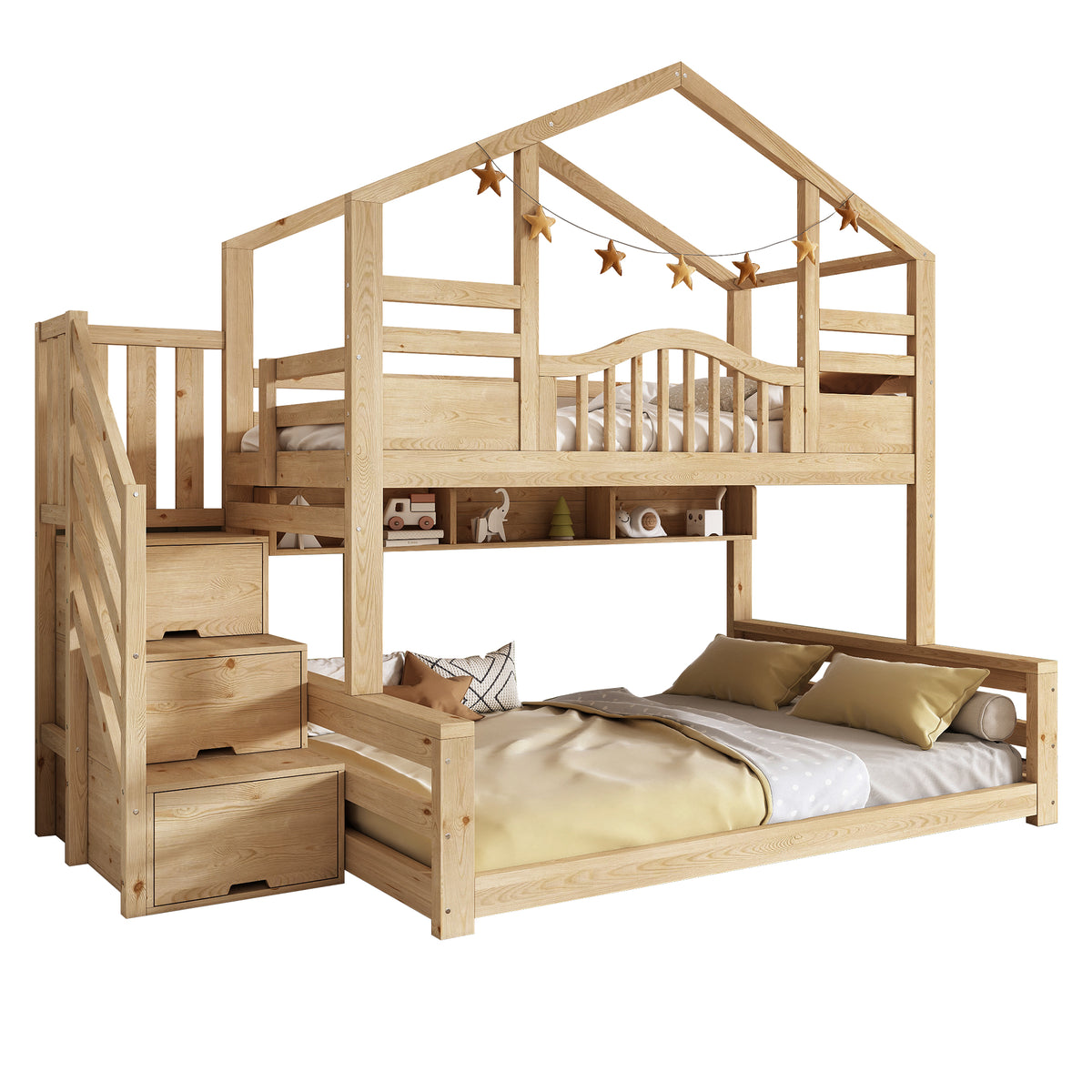 Children's Bunk House Bed 90x200/140x200 with Storage, Natural Wood