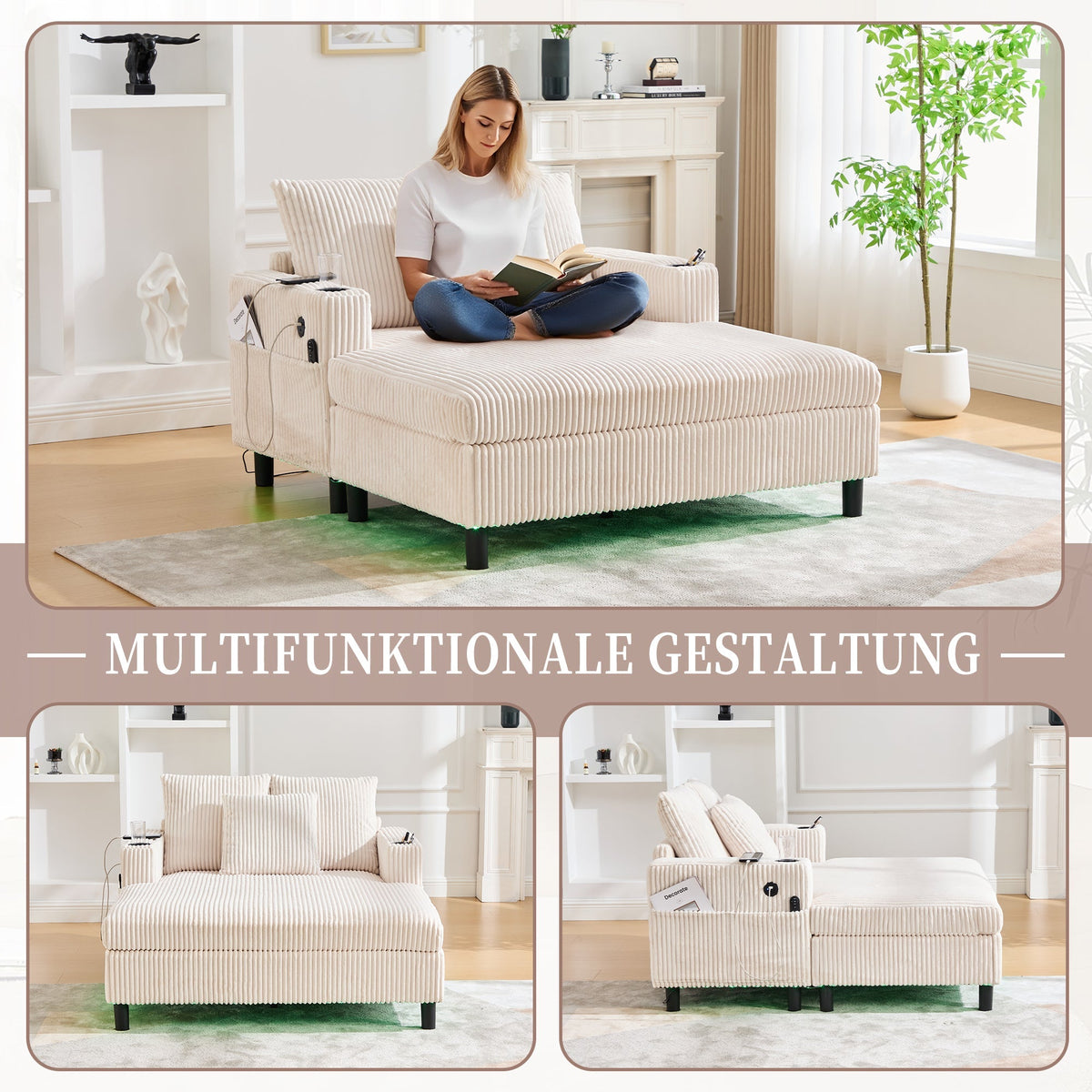 Chaise Longue Recliner with Cupholders, USB, LED Lighting, Soft
