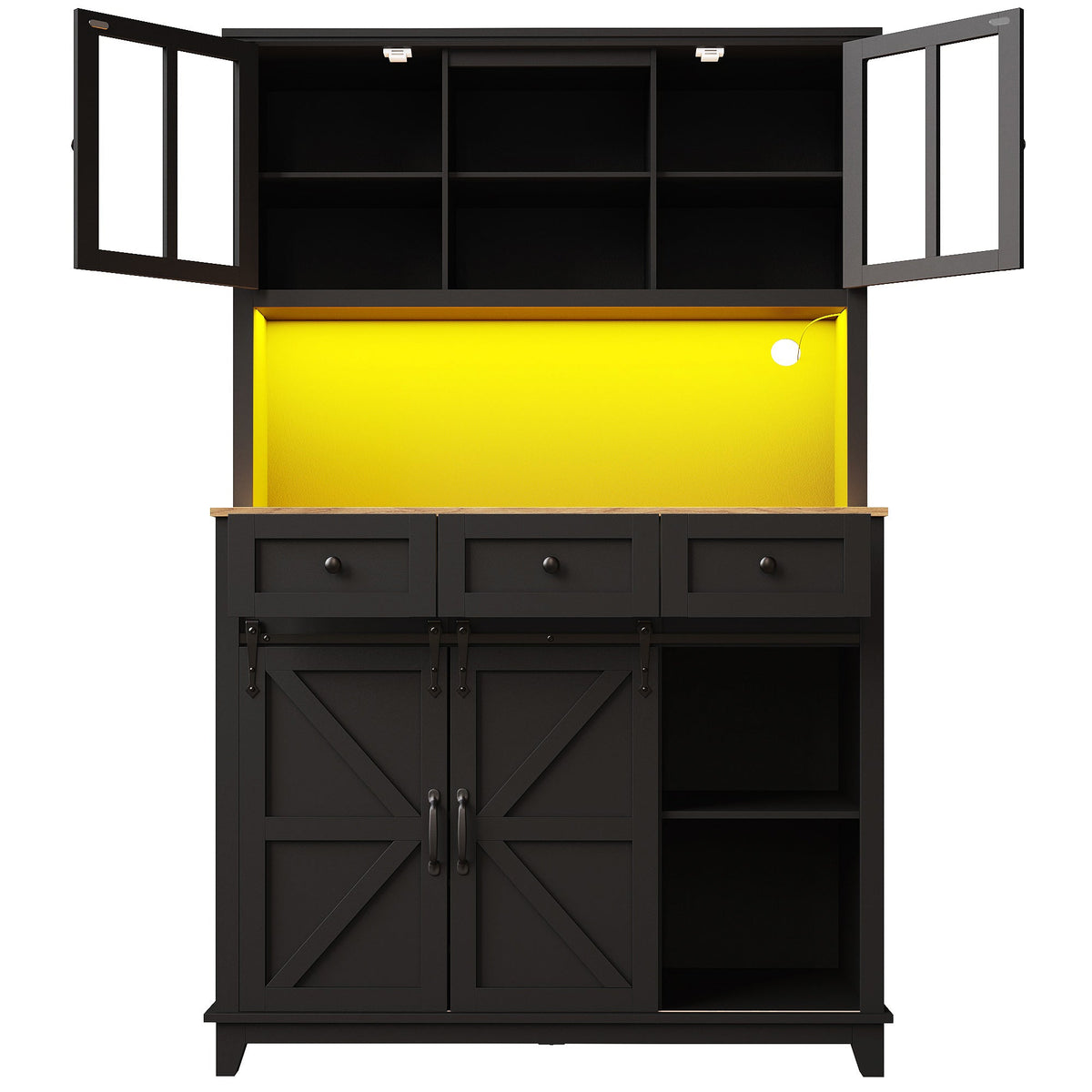 Tall Kitchen Cabinet with LED Lighting and Adjustable Shelves, Black