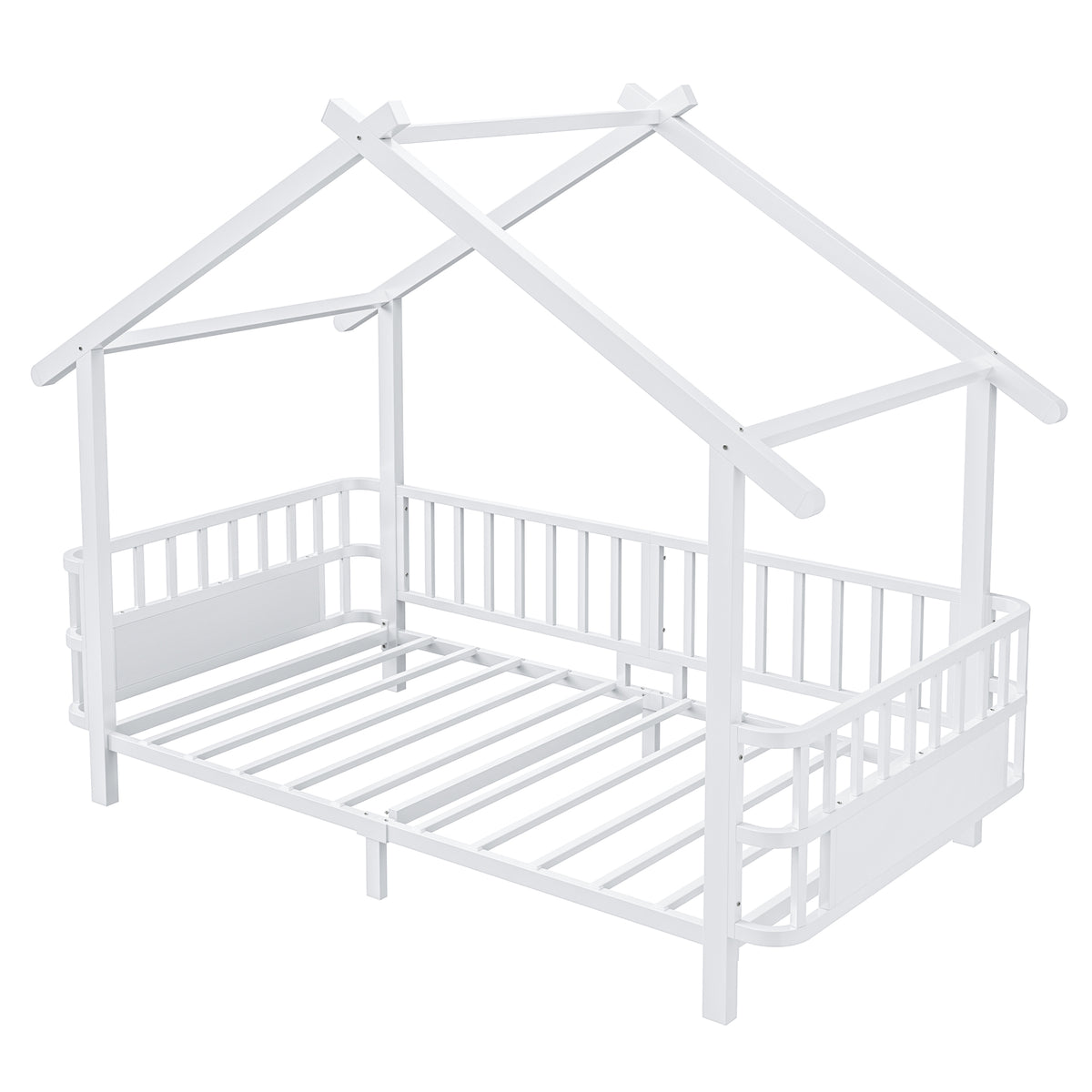 Children's House Bed 90x200cm with Safety Rail, White Metal