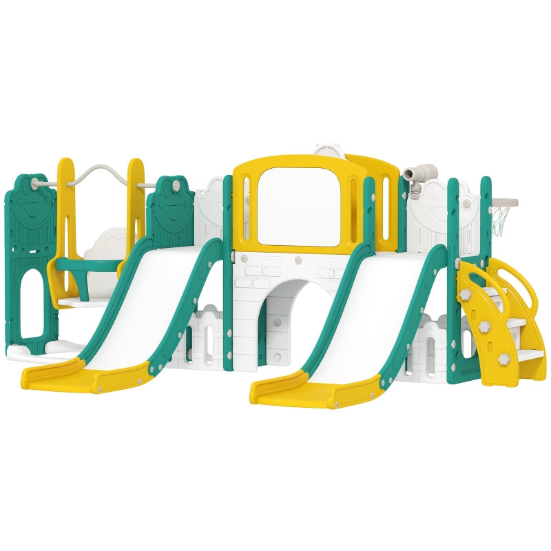 9-in-1 Toddler Slide and Swing Set with Basketball Hoop, Telescope and Drawing Board, Yellow and Green