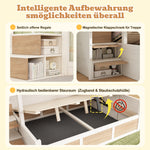 Children's Bunk Bed with Hydraulic Storage and Staircase Wardrobe, 90x200 and 140x200 cm, White and Natural Wood