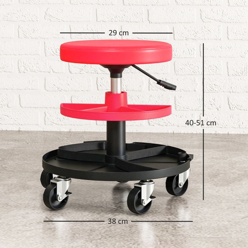 Workshop Stool with Wheels, Trays, Height Adjustable, Rolling, 135 kg, Red