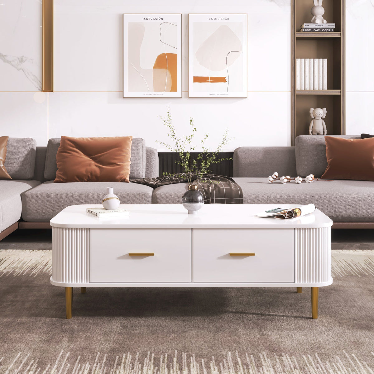 Coffee Table with Drawers, Curved Corners, Wavy Sides, Gold