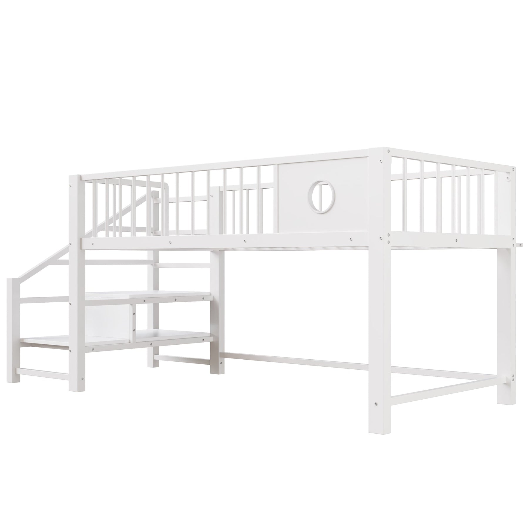 Low Loft Bed for Children with Storage Ladder and Metal Frame, 90x200cm, White
