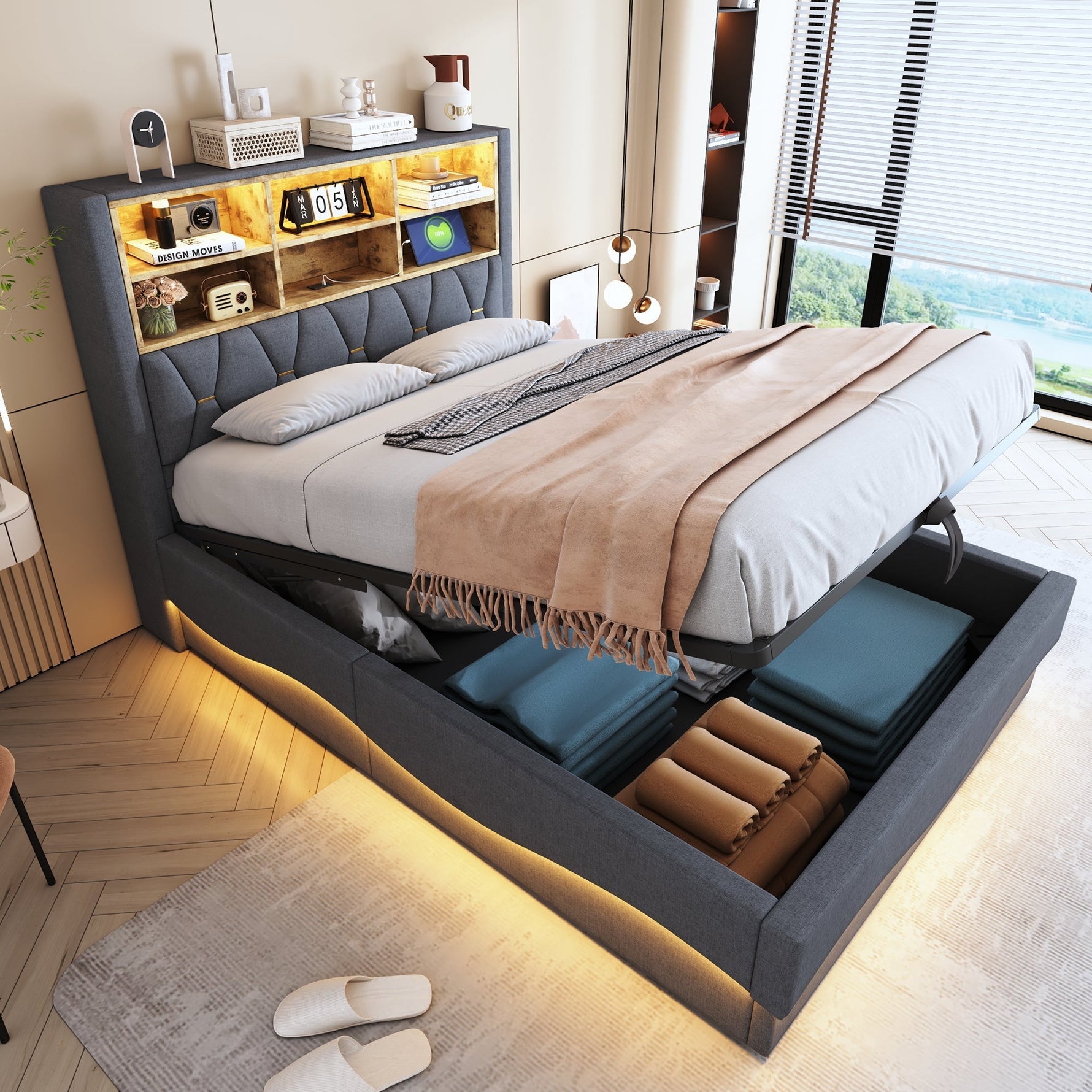 Upholstered Bed 140x200 Hydraulic Storage LED/USB Slatted Frame, Linen Grey