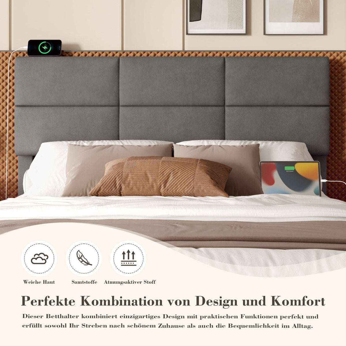 Upholstered Bed 160x200cm Hydraulic Storage Adjustable Headboard LED USB/Type-C - Velour Grey
