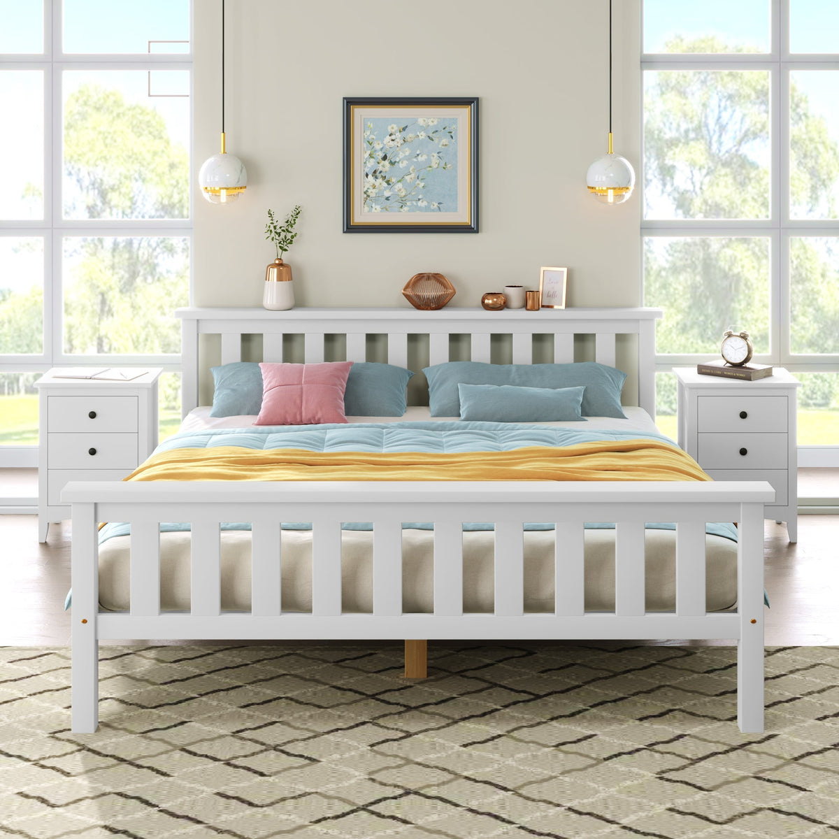 Double wooden bed with slatted frame for adults children teenagers white