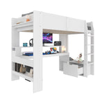 Loft Bed with Gaming Desk, LED Lights and Storage Shelves, White