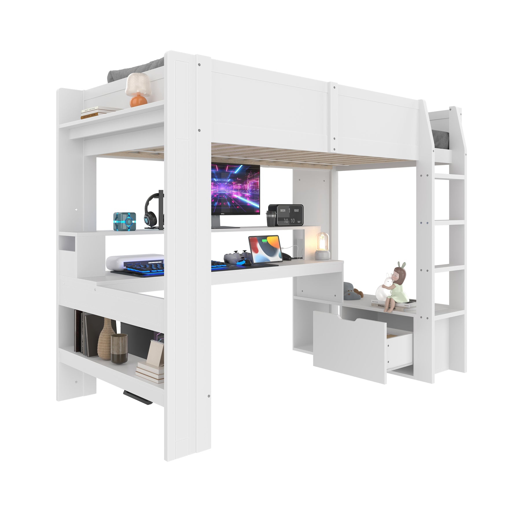 Loft Bed with Gaming Desk, LED Lights and Storage Shelves, White