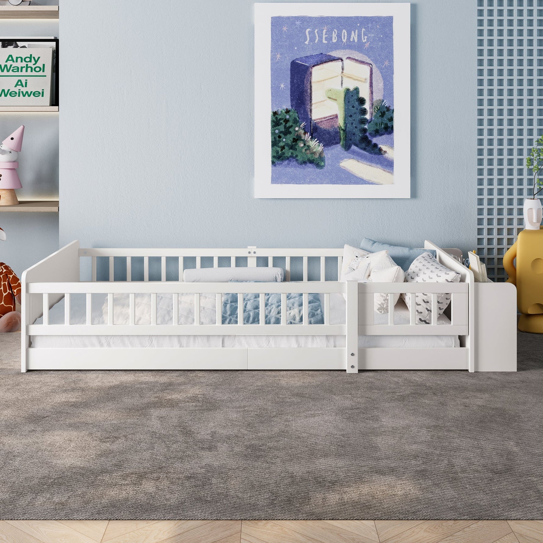 Wooden Children's Bed 90x200cm Open Storage Shelves and Case White Pine Wood