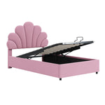 Upholstered Double Bed 90x200cm Floral Headboard Hydraulic Storage Velvet Beige/Pink