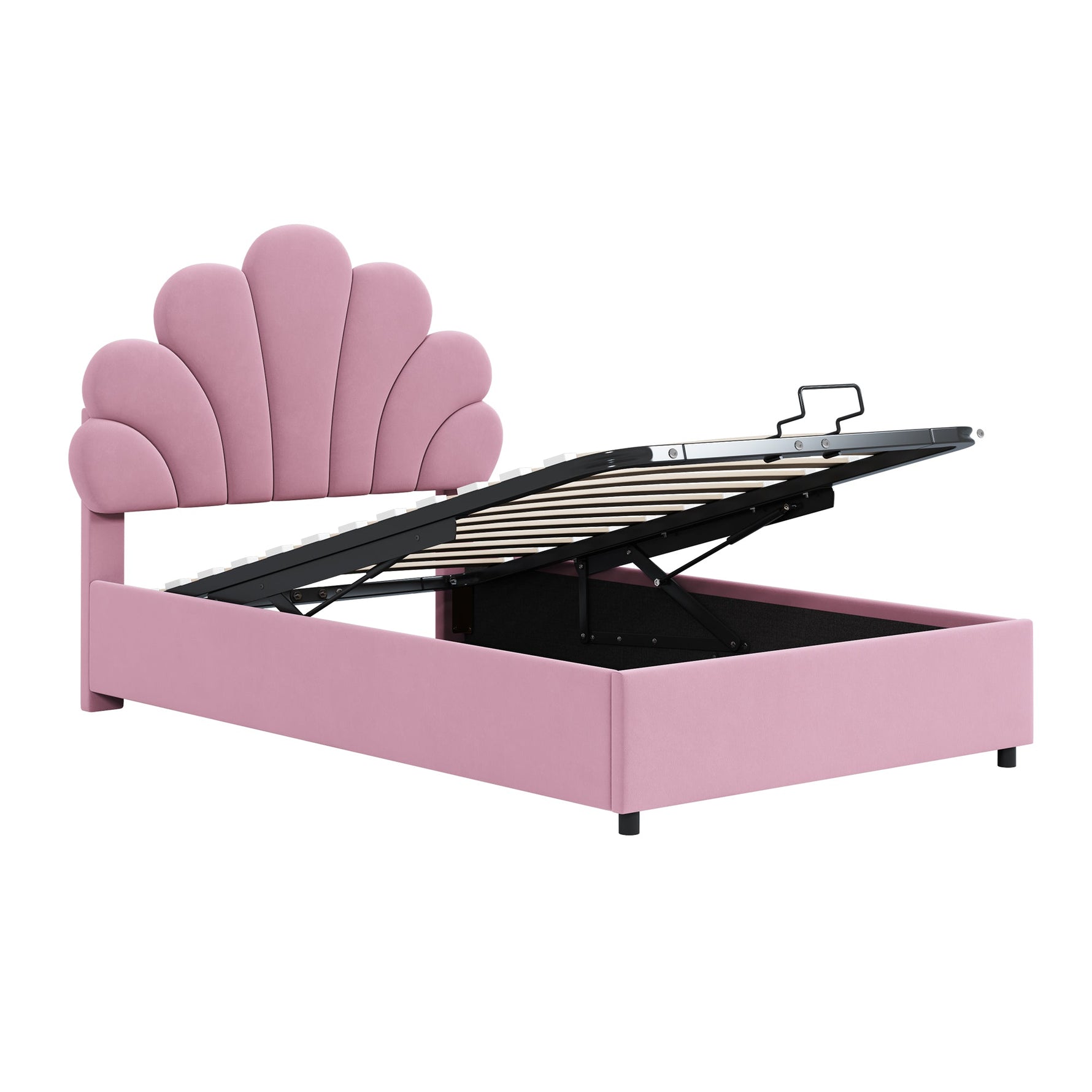 Upholstered Double Bed 90x200cm Floral Headboard Hydraulic Storage Velvet Beige/Pink
