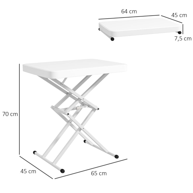 Side Table, Height Adjustable, Foldable, Outdoor Indoor, White Plastic