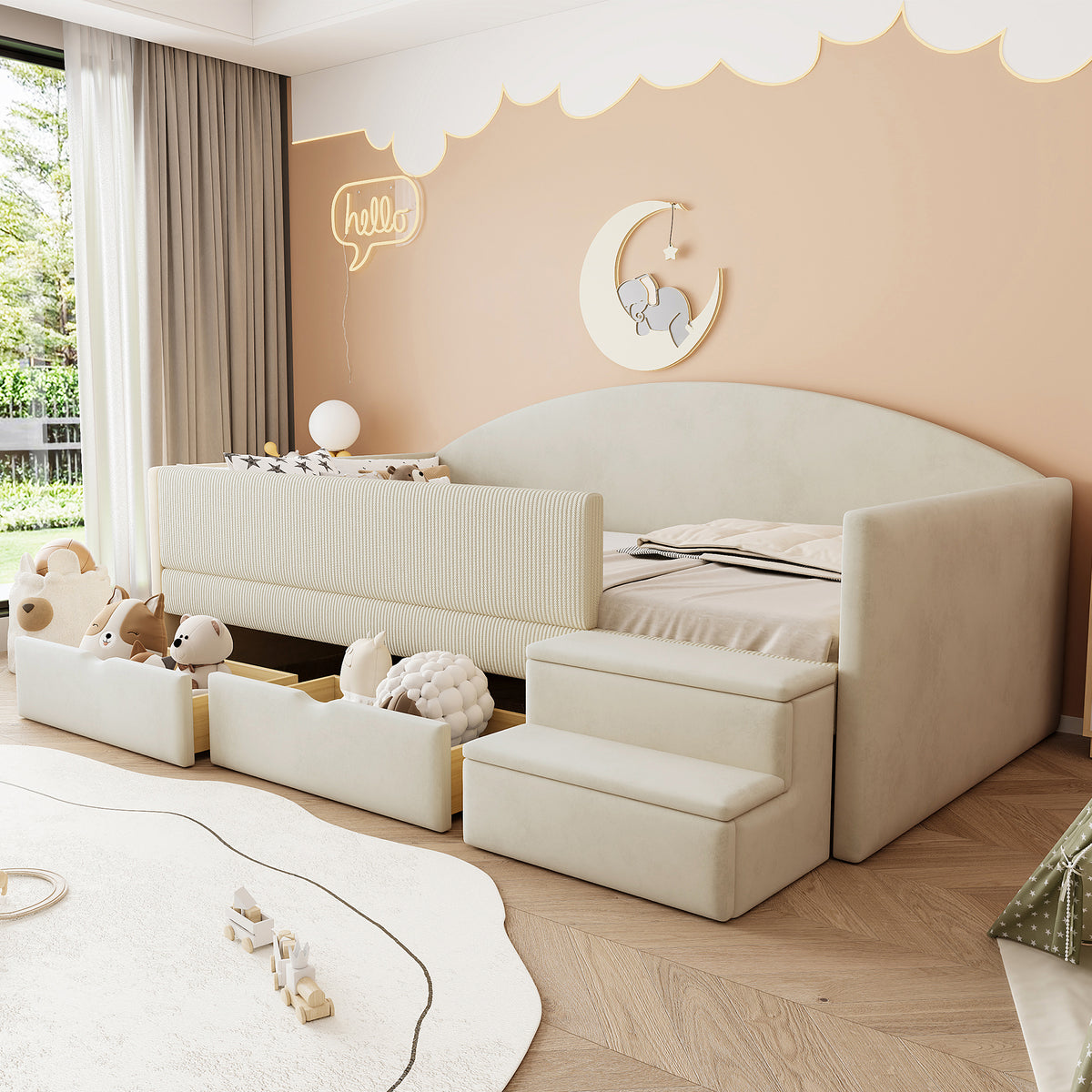 Upholstered Sofa Bed 90x190cm with 2 Drawers, Beige Velvet