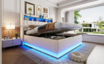 LED Upholstered Bed with USB & Hydraulic Storage, Linen Beige