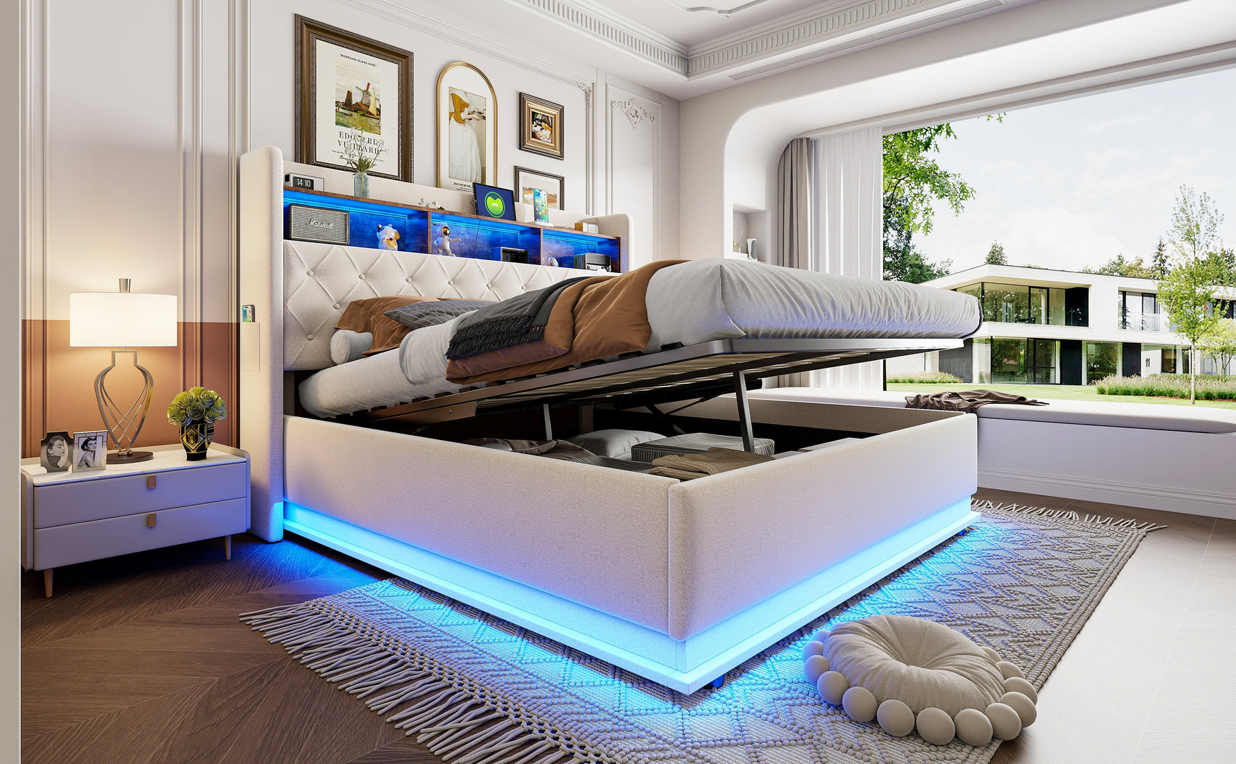 LED Upholstered Bed with USB & Hydraulic Storage, Linen Beige