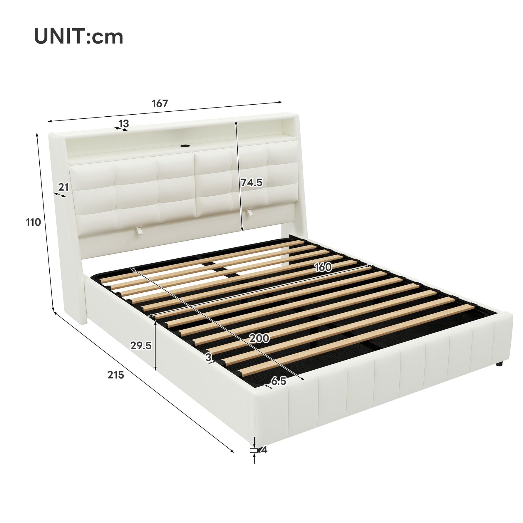 Upholstered Platform Bed 160x200 LED USB Storage Adjustable Headboard - White