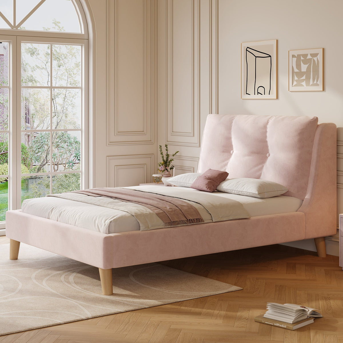 Upholstered Single Bed with Slatted Base and Headboard, 90 x 200cm, Pink Velvet