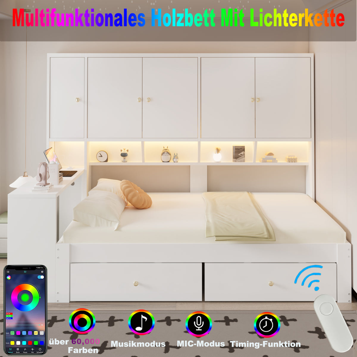 Multifunctional Bed 90x200cm with Desk, LED & Storage - White