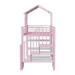House Loft Bed 90x200cm with Storage Shelf & Stairs, Pink Iron