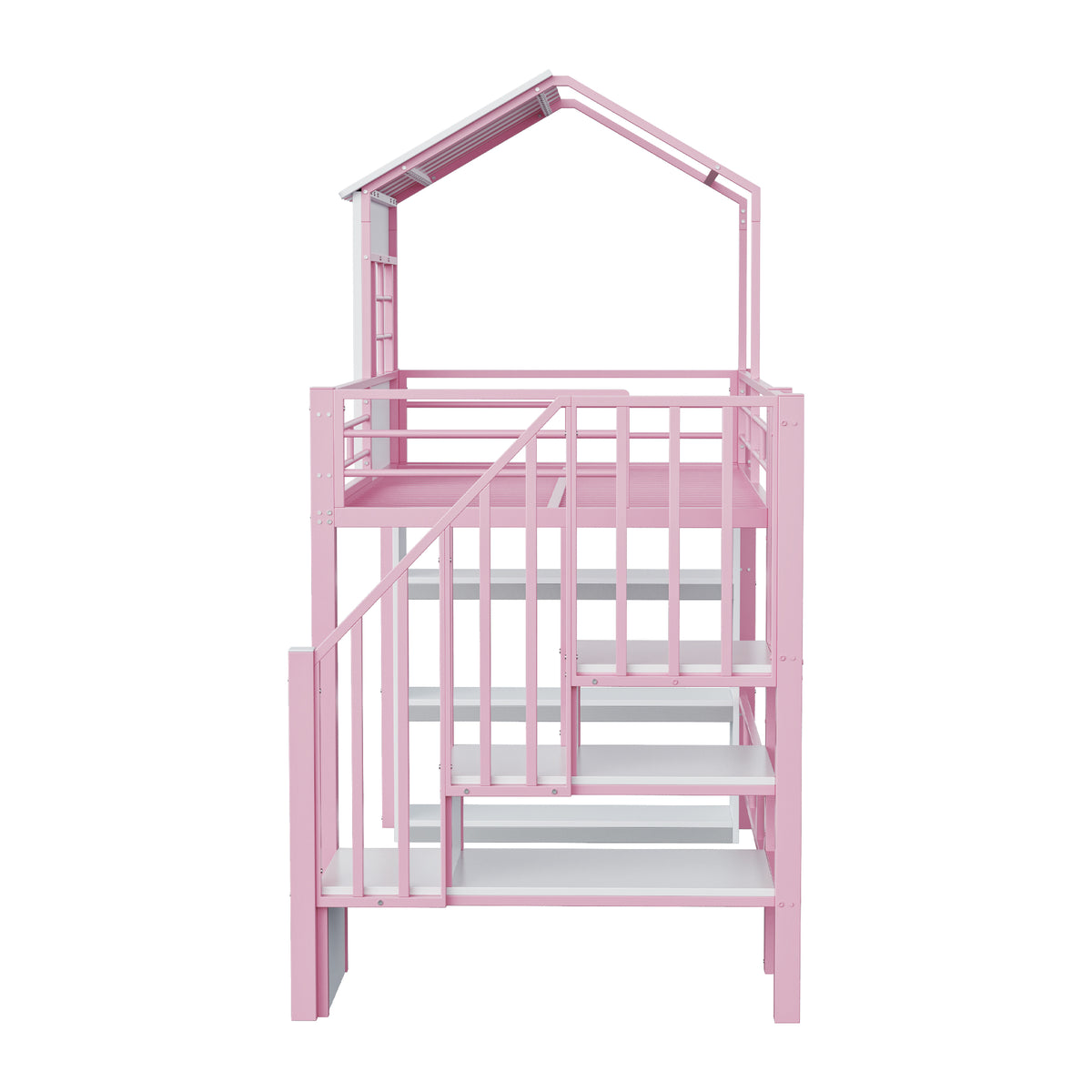 House Loft Bed 90x200cm with Storage Shelf & Stairs, Pink Iron