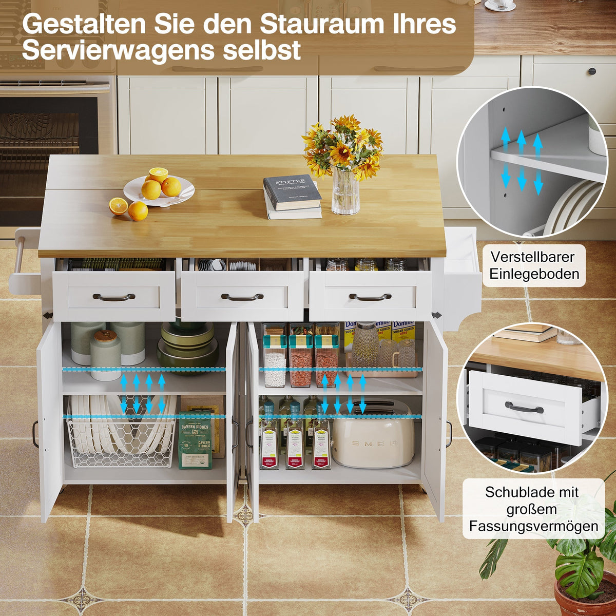 Kitchen Island Fold-down Worktop, 4 Doors 3 Drawers, White