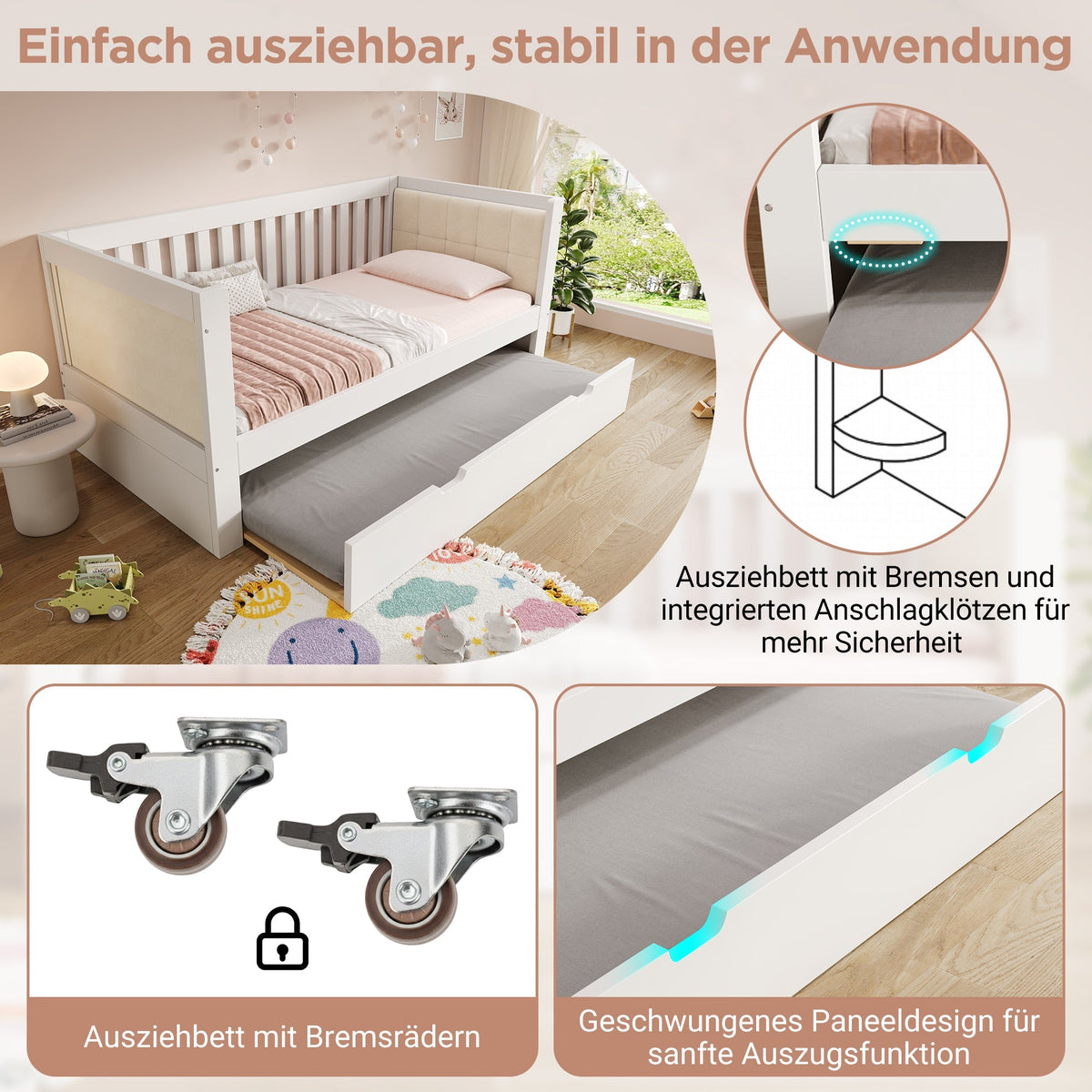 Daybed with Pull-out Bed, 90x200cm and 90x190cm, Space-Saving Wood, White