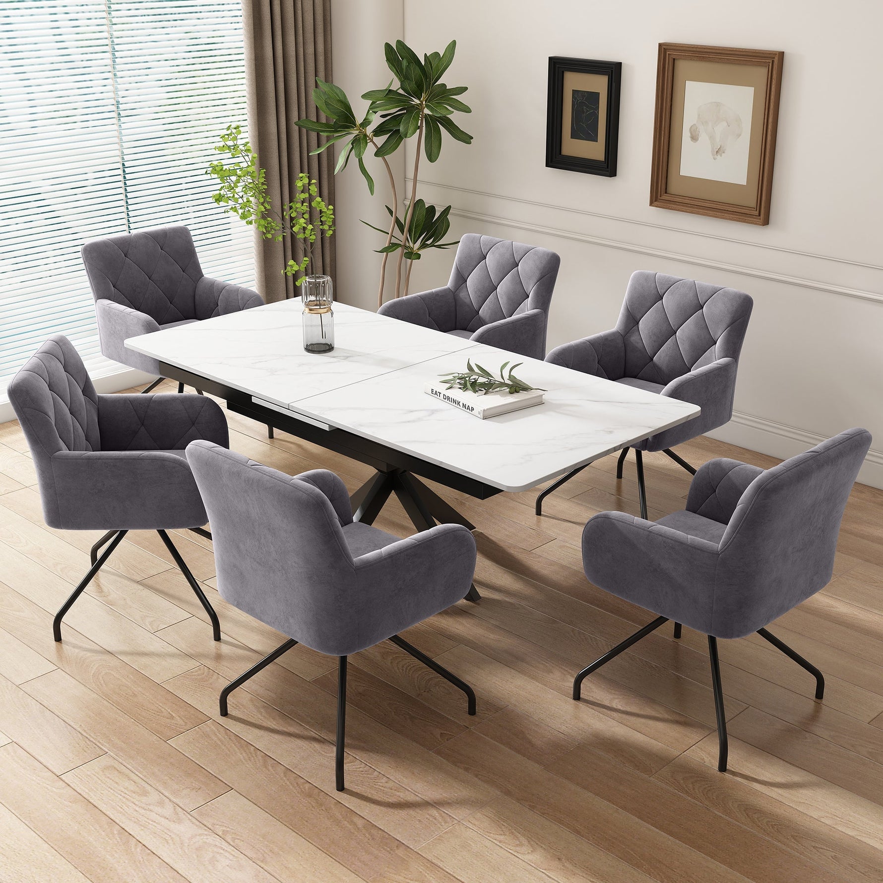 Set of 2 Dining Armchairs Upholstered Diamond Pattern Metal Legs Velvet Grey