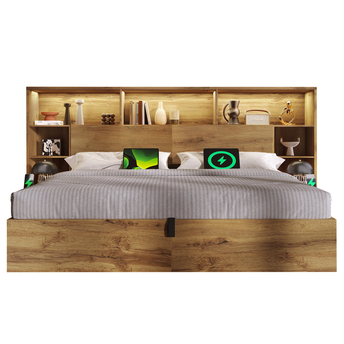 System Storage Bed 160x200 with Mattress, LED & USB-C, Oak Look