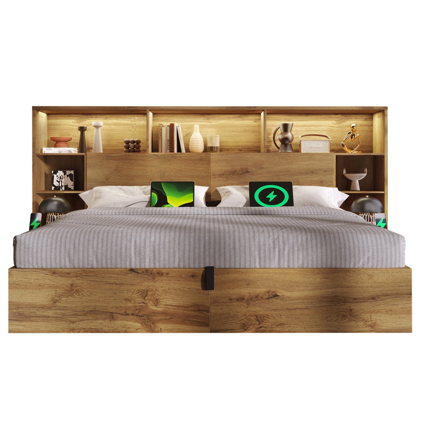 System Bed 180x200cm with Hydraulic Storage, Integrated Bedside Tables, Headboard Shelf, LED and USB-C, Oak Wood Look