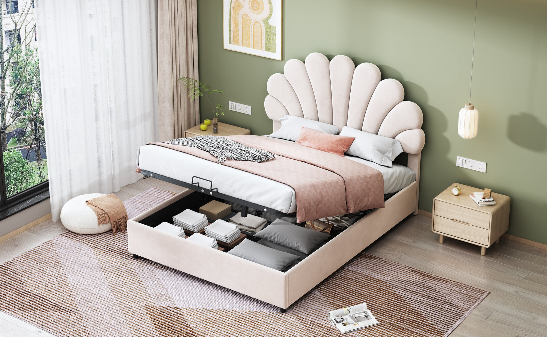 Upholstered Bed 140x200cm Floral Headboard Hydraulic Storage, Beige Velvet