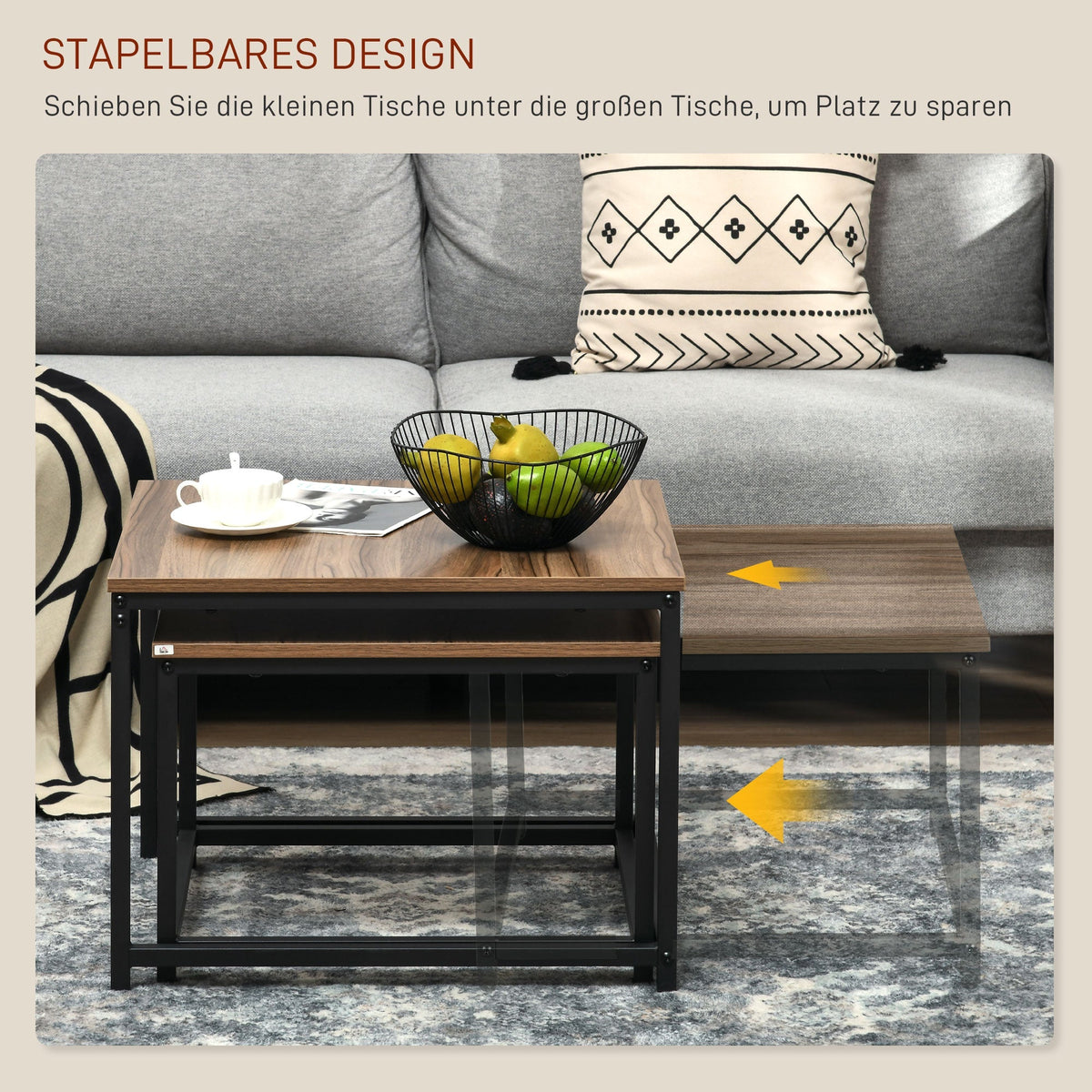 Coffee Table 2 Side Tables Industrial Design with Wood Look and Steel in Natural