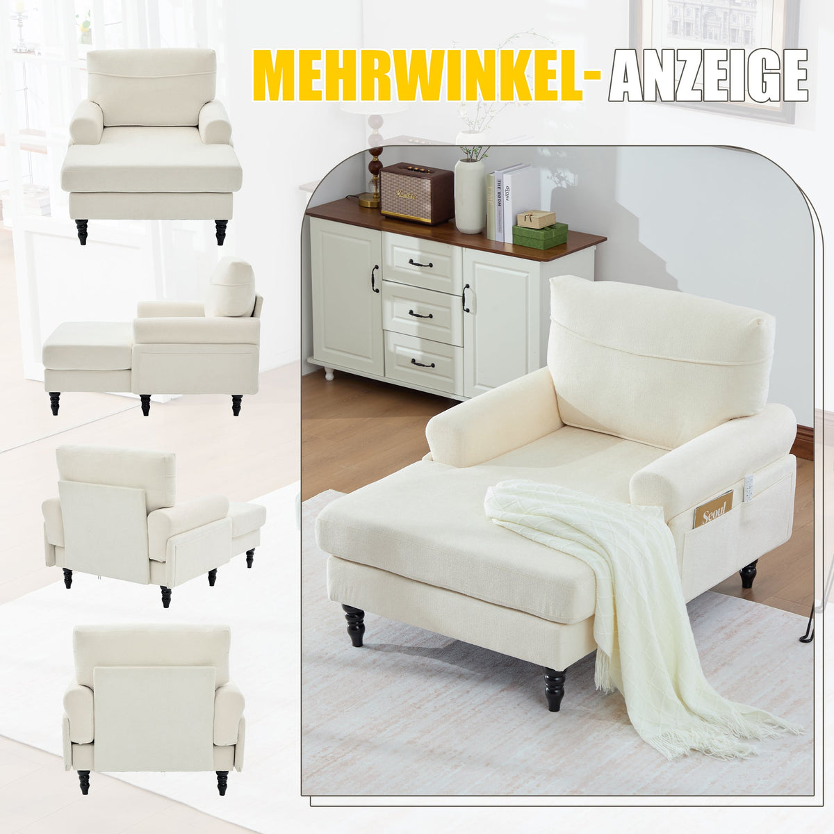 Chenille Fabric Lounger with Side Pockets and Wooden Legs, Modern Minimalist