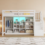 Loft Bed with Wardrobe, Storage Cabinets, LED and Storage Ladder, 90x200cm, White