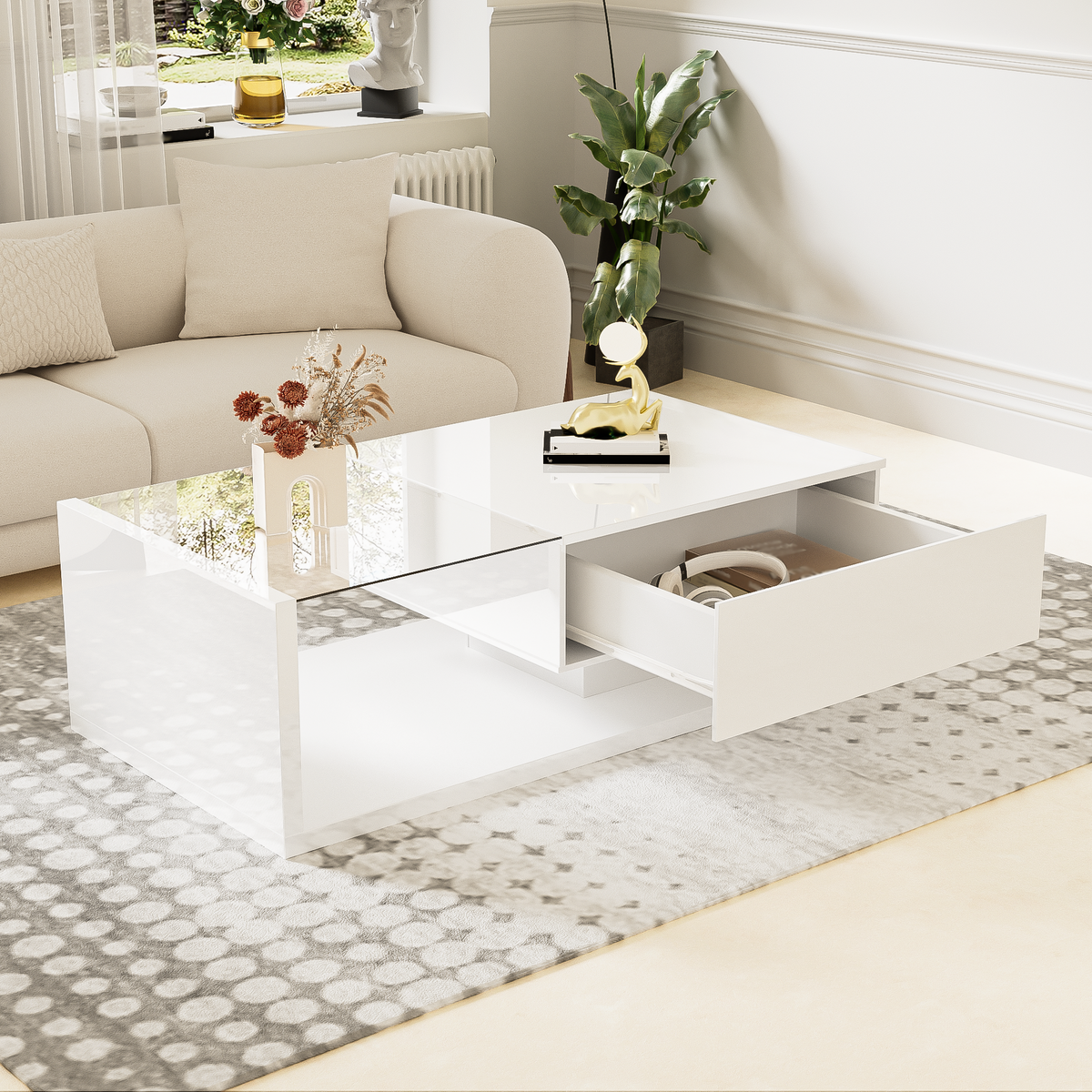 Coffee table, high-gloss white
 Side table, coffee table, with glass and LED effect