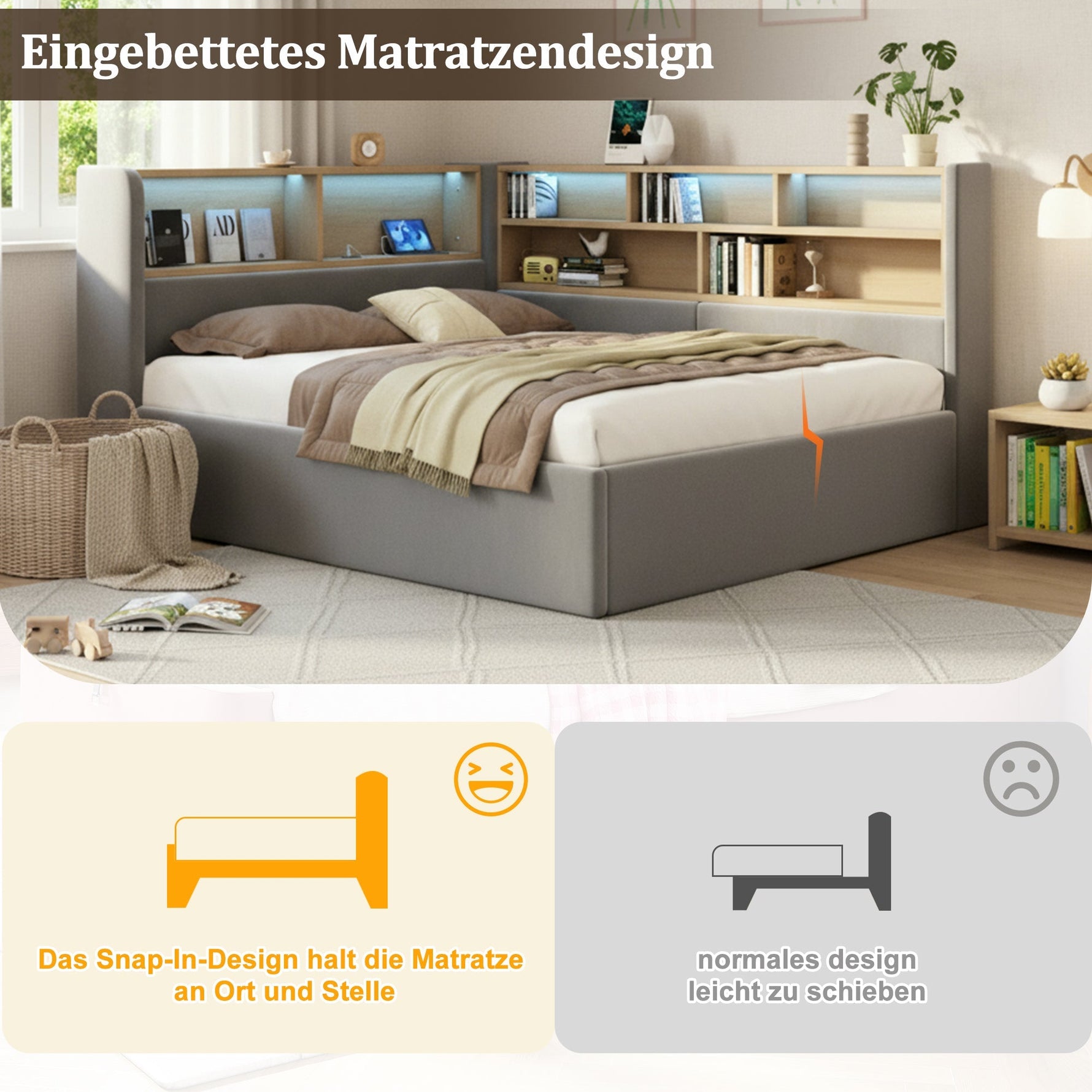 Daybed with Hydraulic Storage, LED, USB and Backrest, Grey Velvet